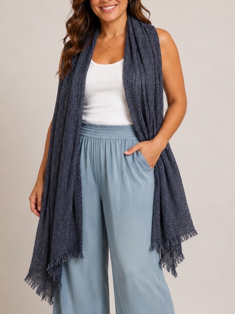 Soft Textured Charcoal Gray Crinkle Fringe Scarf Wrap Shawl Boho Minimalist